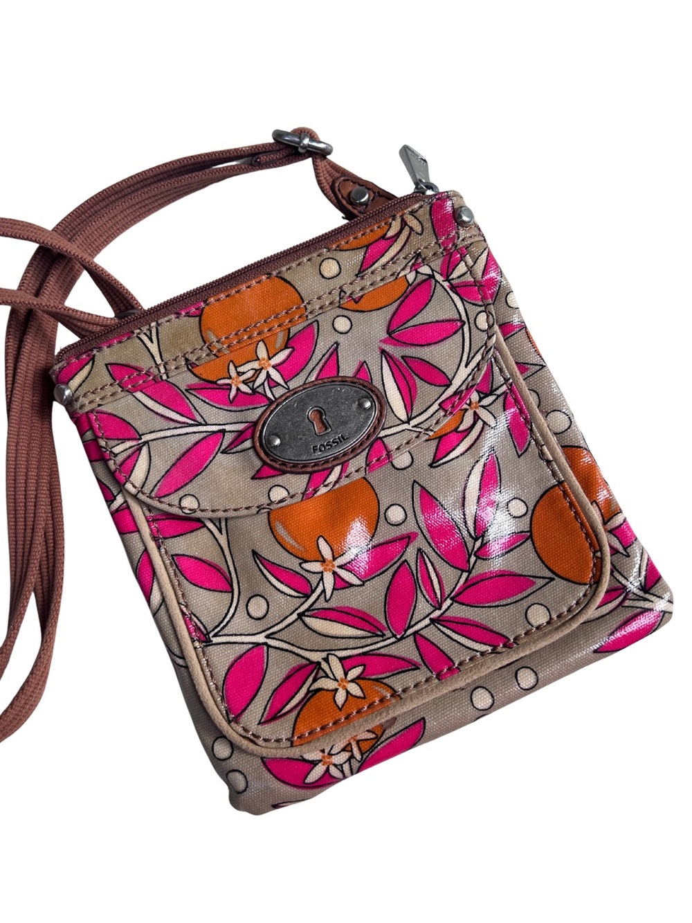 Fossil Key-Per Floral Citrus Print Coated Canvas Crossbody Bag Boho Whimsical